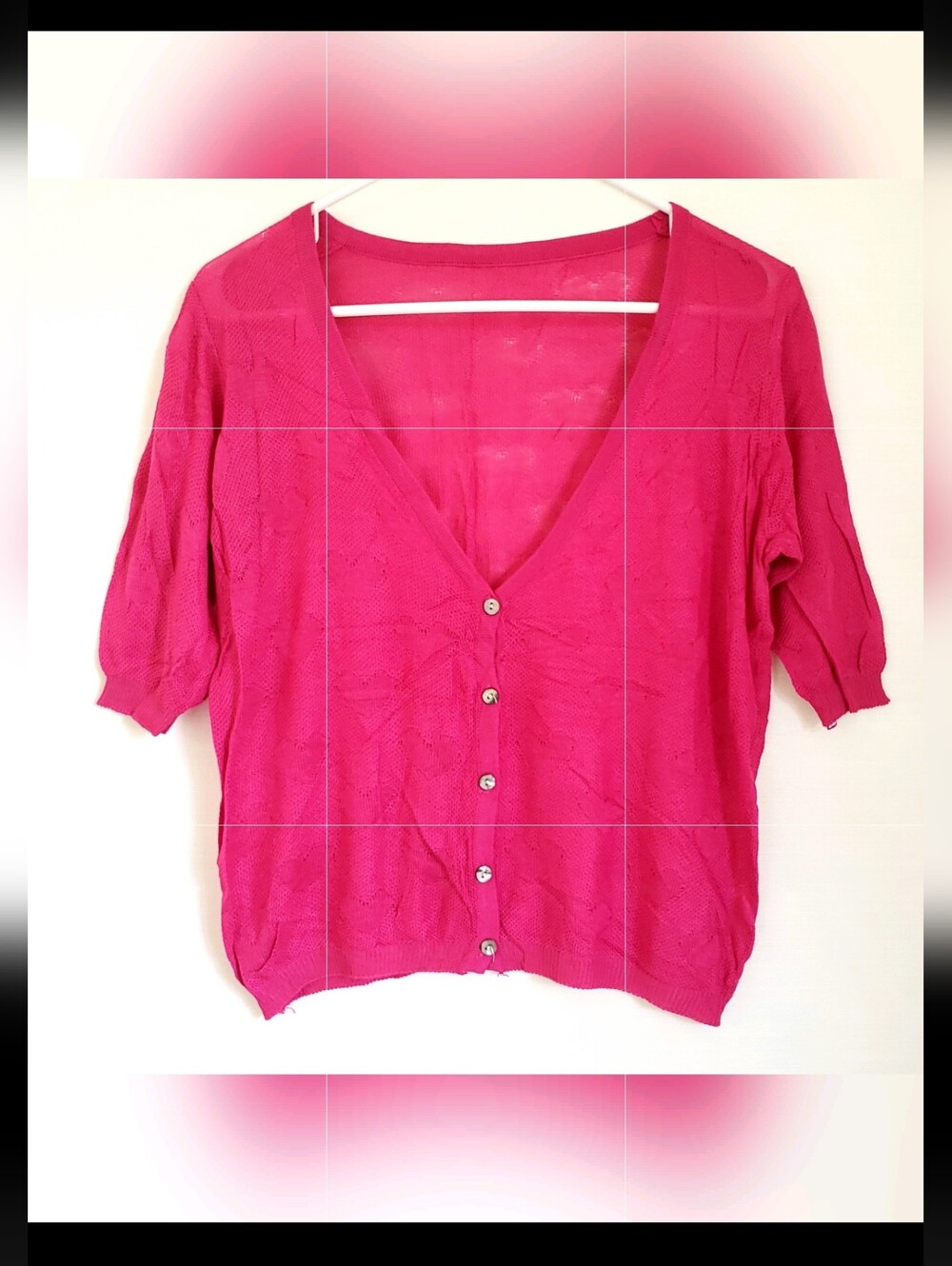 Y2K vtg Women’s Sheer Cardigan Fuchsia Button-Front V-Neck Top